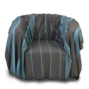 CARTHAGE - Jeté fauteuil coton anthracite rayures turquoise…