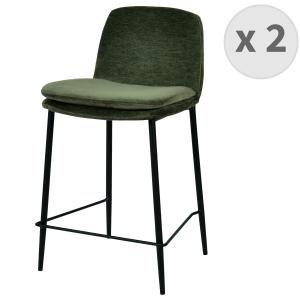Chaise de bar tissu chenillé Sauge et métal noir mat (x2)