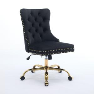 Chaise de bureau luxe élegante en velours noir, base dorée