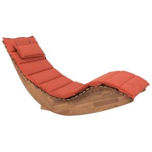 Chaise longue en bois naturel et coussin rouge