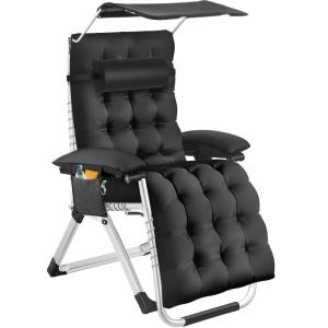 Chaise longue pliable avec pare-soleil et reposes-pieds noir