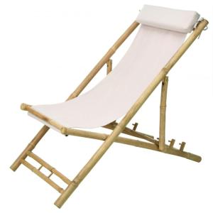 Chaise longue pliante chilienne bambou et tissu blanc 112x6…