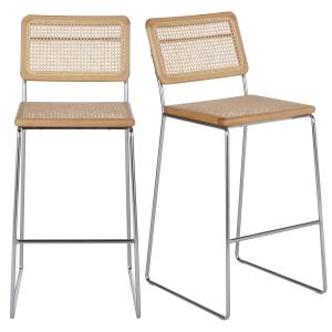 Chaises de bar cannage en rotin et acier argenté H74 (x2)