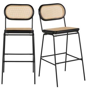 Chaises de bar en acier et bois de bouleau noirs et rotin s…