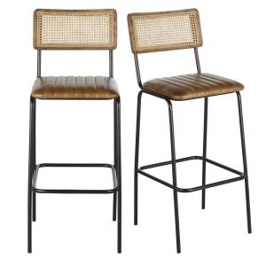 Chaises de bar professionnelles en cuir marron, acier noir…