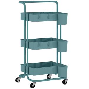 Chariot de rangement à roulettes 3 niveaux acier bleu-vert