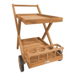 Chariot de service avec étagères et porte-bouteilles, teak