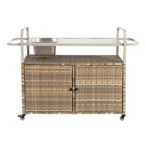 Chariot de table d’extérieur en rotin beige avec plateau ,…