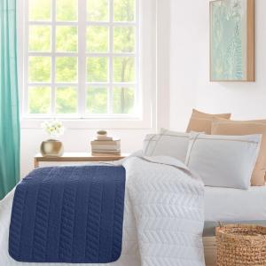 Chemin de lit en percale de coton surpiqué  indigo 80x200