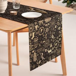 Chemin de table de Noël en coton jacquard noir et or 45x135…
