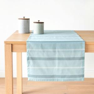 Chemin de table en coton imprimé bleu et écru 48x150
