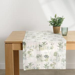 Chemin de table en lin et coton blanc cassé à imprimé végét…