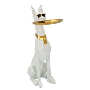 Chien avec pochette en résine blanche et dorée 27x51x74 cm