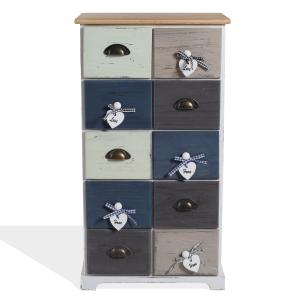 Chiffonier coeurs avec 10 tiroirs en bois bleu et gris