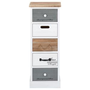 Chiffonnier 5 tiroirs en bois, blanc/gris/brun