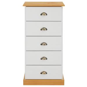 Chiffonnier 5 tiroirs en bois massif, blanc/brun