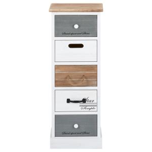 Chiffonnier 5 tiroirs en bois massif, blanc, gris et brun