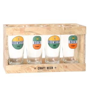 Chopes en verre transparent, bleu, orange (x4) avec support