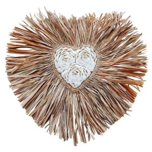 Cœur decoratif en raphia et coquillages 40x40 cm