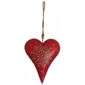 Coeur rouge en métal et corde à suspendre 20 cm
