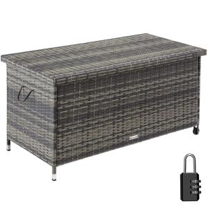Coffre de jardin rangement en résine tressée et acier gris
