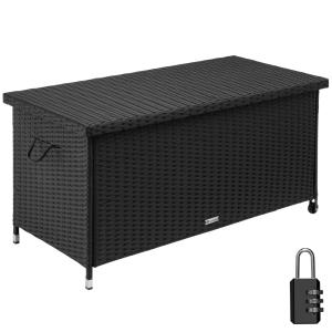 Coffre de jardin rangement en résine tressée et acier noir