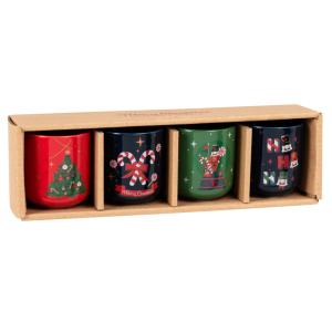 Coffret tasses en grès (x4) motifs Noël noirs, verts, rouge…