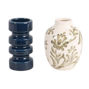 Coffret vases (x2) en grès blanc motif végétal vert et en v…