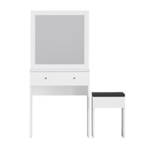 Coiffeuse 1 tiroir avec miroir et tabouret en bois - Blanc