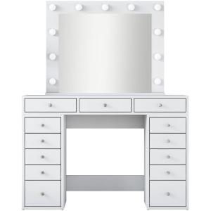 Coiffeuse 13 tiroirs blanche avec miroir lumineux 120 cm