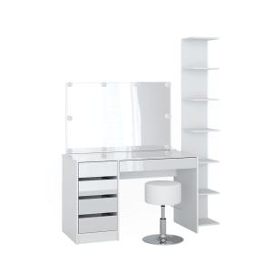 Coiffeuse 4 pièces avec étagère, miroir, tabouret, Blanc 12…