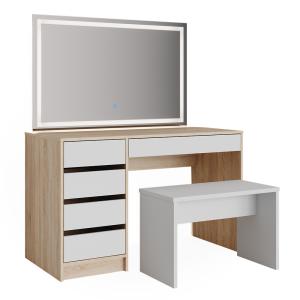 Coiffeuse avec miroir LED et tabouret, Blanc/Sonoma 120 x 7…