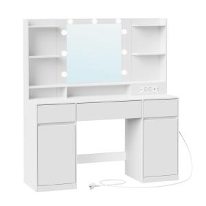 Coiffeuse avec miroir multiprise 2 placards 9 ampoules blanc