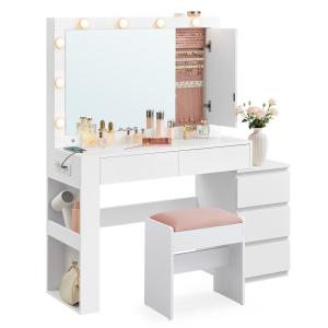 Coiffeuse avec tiroir miroir multiprise tabouret blanc