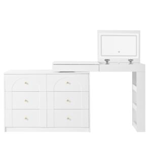 Coiffeuse blanche multifonction avec miroir LED et 8 tiroirs