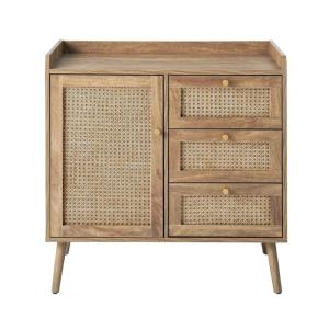 Commode 1 porte 3 tiroirs avec façades rotin et pieds en bo…