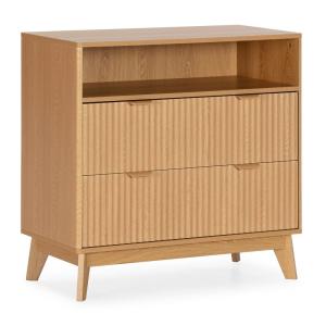 Commode 2 tiroirs 1 étagère effet Chêne