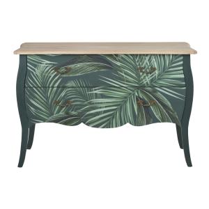 Commode 2 tiroirs en bois vert, imprimé feuilles 121x80
