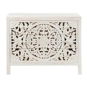 Commode 3 tiroirs en manguier massif sculpté blanc L100
