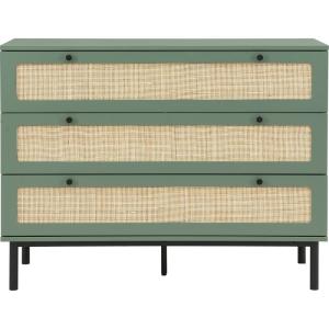 Commode 3 tiroirs vert et cannage 105 cm