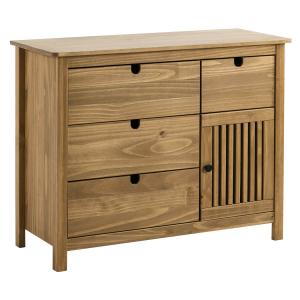 Commode  4 tiroirs 1 porte bois ciré