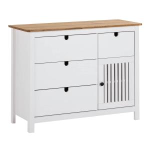 Commode  4 tiroirs 1 porte bois ciré et blanc