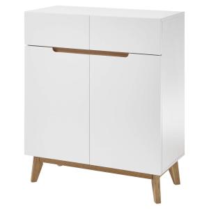 Commode 4 tiroirs 2 portes effet bois, blanc