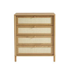Commode  4 tiroirs effet chêne et cannage rotin 42cm