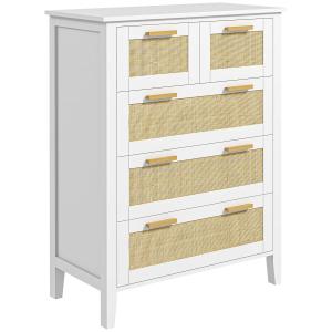 Commode 5 tiroirs cannage en rotin MDF blanc bois de pin