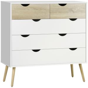 Commode 5 tiroirs design scandinave blanc aspect chêne clai…