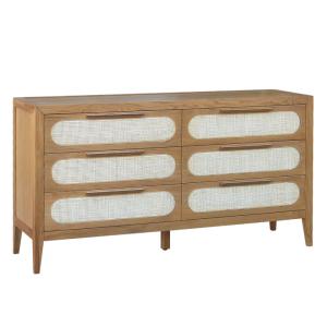 Commode 6 tiroirs en chêne et cannage bois