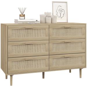 Commode 6 tiroirs meuble de rangement rotin bois clair