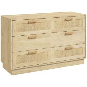 Commode 6 tiroirs style bohème en rotin et bois chêne