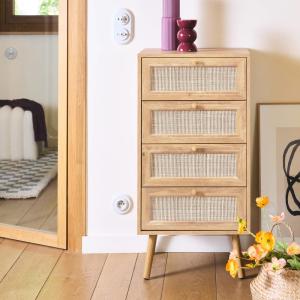 Commode chiffonnier 4 tiroirs décor bois et cannage